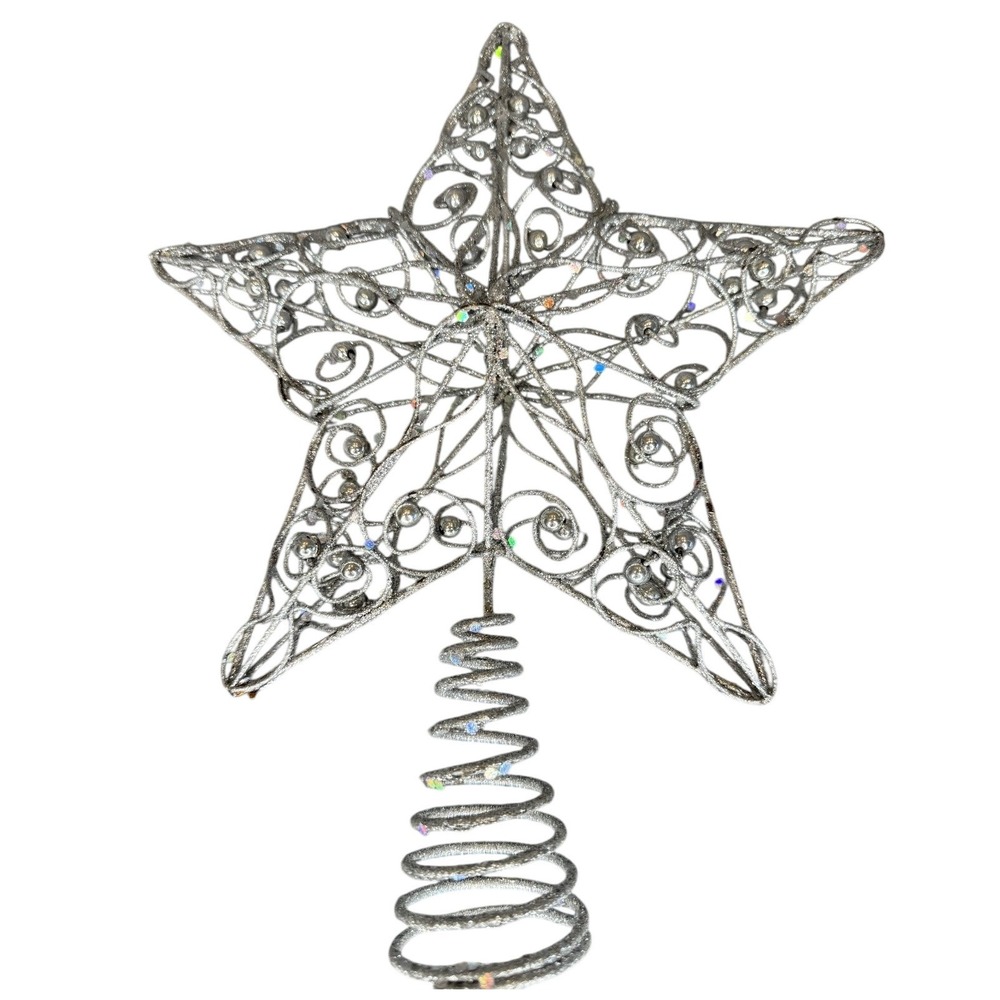 Silver Glitter Filigree Star Christmas Tree Topper Wire Scrollwork Holiday Decor - Picture 7 of 7
